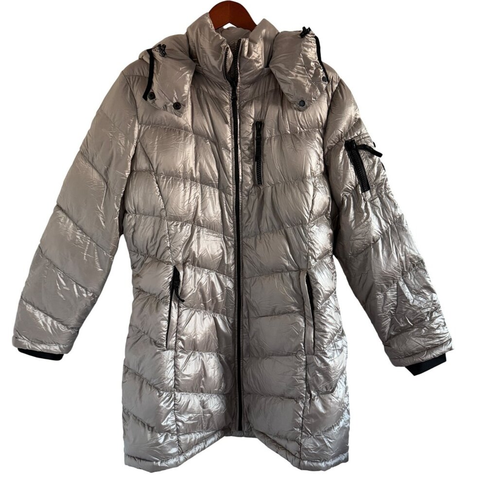 Y2K Andrew‎ Marc XXL Metallic Hooded Down Puffer Coat 650 Fill Taupe Minimalist